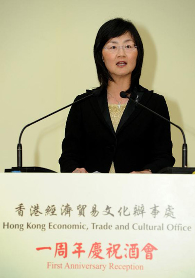 The then Director of the Hong Kong-Taiwan Economic and Cultural Cooperation and Promotion Council (ECCPC) and then Permanent Secretary for Constitutional and Mainland Affairs, Ms Chang King-yiu attended the first anniversary reception of the Hong Kong Economic, Trade and Cultural Office (Taiwan) in Taipei on May 15 2013. Photo shows Ms Chang addressing the reception.