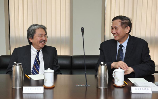 Then Honorary Chairperson of the Hong Kong-Taiwan Economic and Cultural Cooperation and Promotion Council, Mr John C Tsang, meeting the then Chairperson of the Taiwan-Hong Kong Economic and Cultural Co-operation Council, Mr Johnnason Liu (right), during his visit to Taipei from June 5-7 2013.